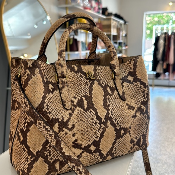 Ralph Lauren NWTs Leather Marcy satchel purse bag $375 brown beige - Picture 11 of 12